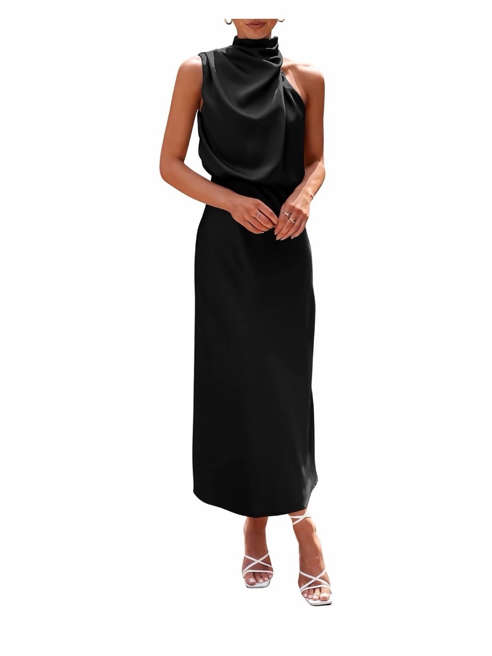Asymmetric One-Shoulder Black Satin Midi Dress